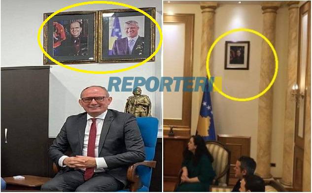 Kryetari i Ferizajt që është PDK, mban fotografinë e Thaçit dhe Rugovës