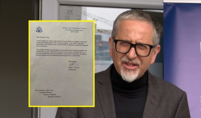 Ministri Vitia pranon letër falënderimi nga Ambasada e SHBA-ve për luftën kundër koronavirusit