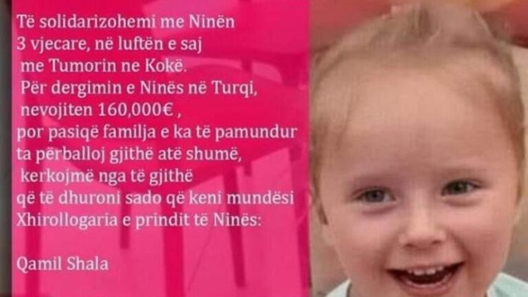 Nina 3 vjeçare ka nevojë për ndihmën tuaj, shërimi nga tumori i kushton 160 mijë euro