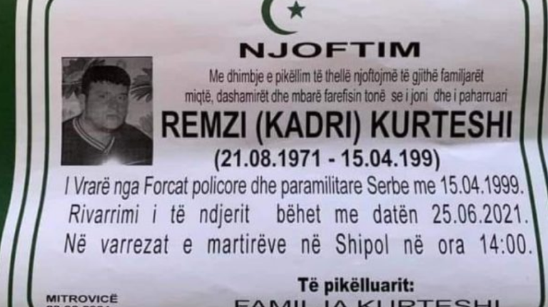 Gjenden eshtrat e Remzi Kurteshit nga Mitrovica që ishte vrarë nga forcat serbe