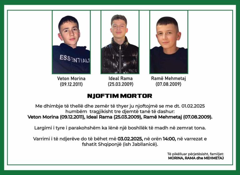 Nesër varrosen tre të rinjtë që vdiqën tragjikisht në Jabllanicë të Gjakovës