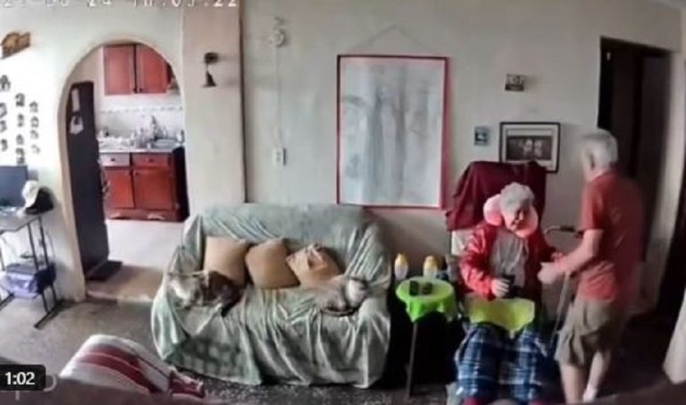 Burri i moshuar mban gruan e tij për ta qetësuar gjatë tërmetit, brenda apartamentit të tyre